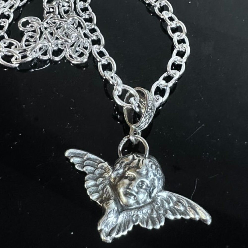 Angel Cherub Silver Necklace Choker Chain Victorian Art Nouveau NWT Gift Pendant